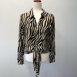 Rachel Zoe Linen Blouse Top Womens Size XL Black Animal Print Tie Mob Wife